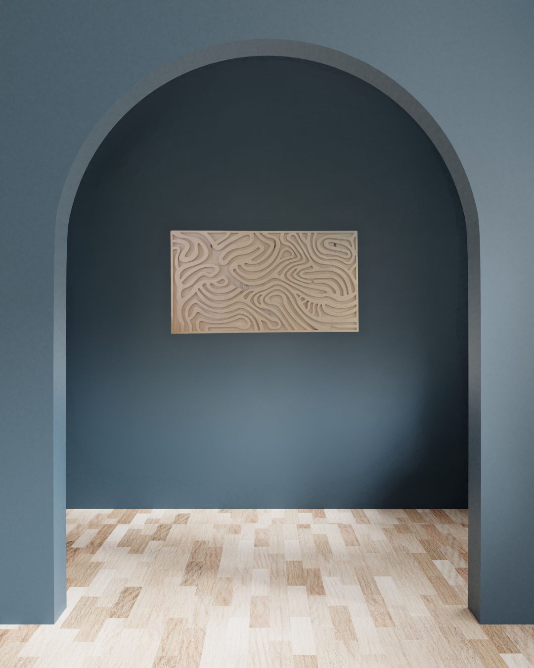 3D-Holzrelief The Sunrise von Flow Mesh – Birkenholz“, „Detailaufnahme CNC-Fräsung The Sunrise Holzbild